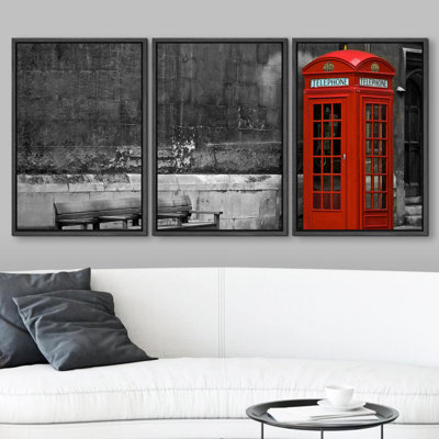 British Phone Booth with Weathered Wooden Bench Modern Wall Decor