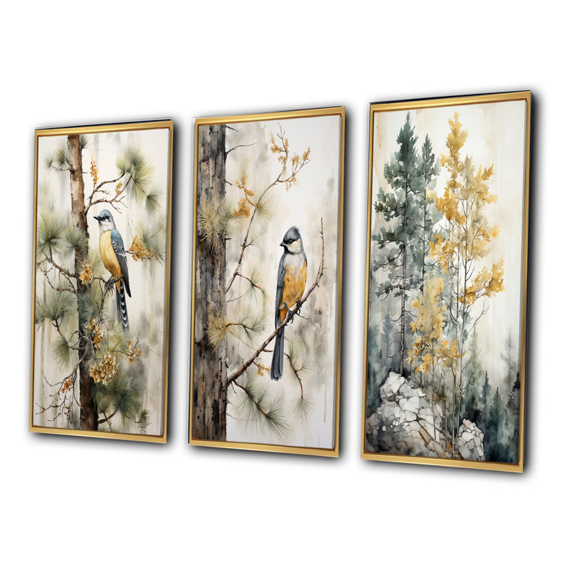 «Forest Minimalisme Guardians», 3 pièces sur toile, Encadrement doré, H 28 po x l 36 po