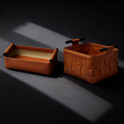 Luxury Handmade Leather Storage Basket With Woven Design - Elegant Decorative Tray For Home Office Desk Organization