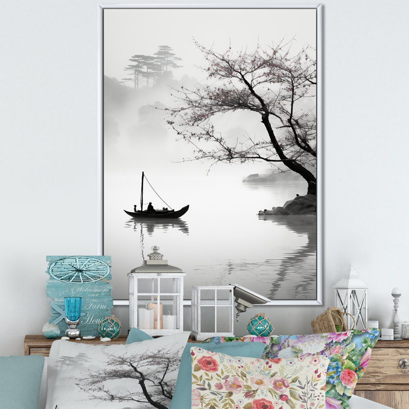 Art asiatique, bateau, monochrome, H 44 po x l 34 po x P 1,5 po, Toile encadrée flottée blanche
