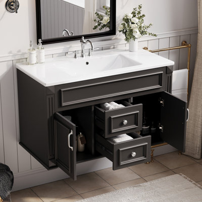 Armoire murale 36 po avec lavabo et tiroirs en céramique, meuble-lavabo simple de style français avec charnières à fermeture douce