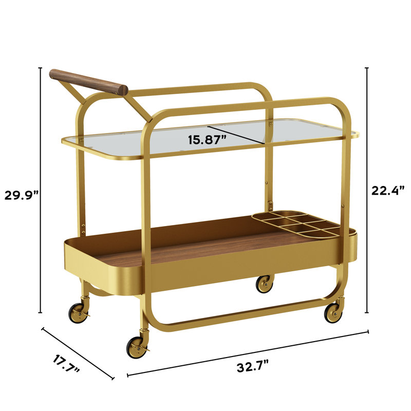 Chariot-bar sur roulettes 33 po x 18 po x 30 po, chariot à 2 niveaux avec plateau en verre et rangement pour le vin, chariot de service de luxe, disponible en or ou noir