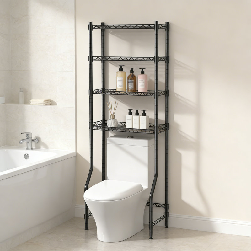 4 Tier Over The Toilet Storage Rack Adjustable Shelf Basket Black, Black