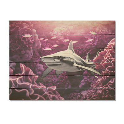 Requin mauve marteau I - corail sous l'eau sous l'eau, art mural sur bois de pin naturel