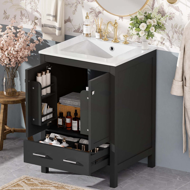 Meuble-lavabo moderne de 24 pouces avec lavabo en céramique, portes à fermeture douce et nombreuses solutions de rangement pour les espaces compacts