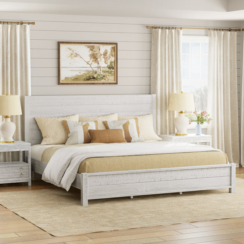 Echo Farmhouse Solid Wood Platform Bed, Distressed Panel Bed Frame, Rustic Country Cottage Style, King, Rustic White