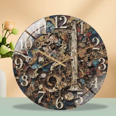 12-Inch Silent Tempered Glass Wall Clock, " Saxophone Amidst  Face Collage ” Silent Non-Ticking Clock, Battery Operated (AA Batteries Not Included), Artistic Home Decor
