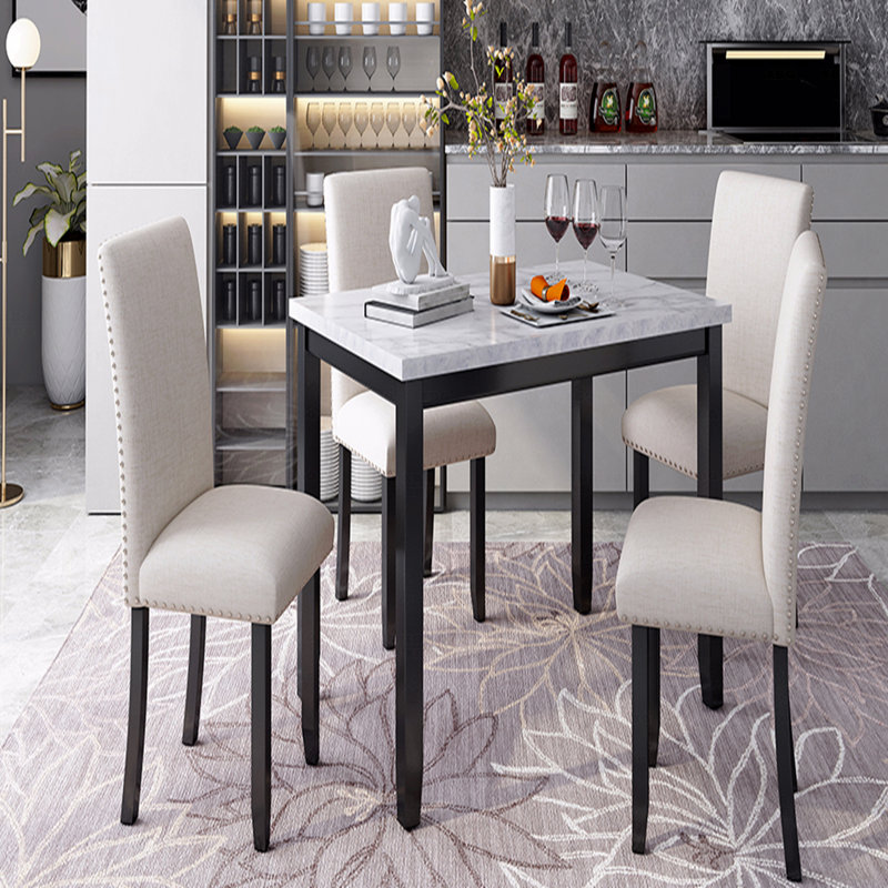 Table de salle à manger 5 pièces en faux marbre avec 4 coussins épais