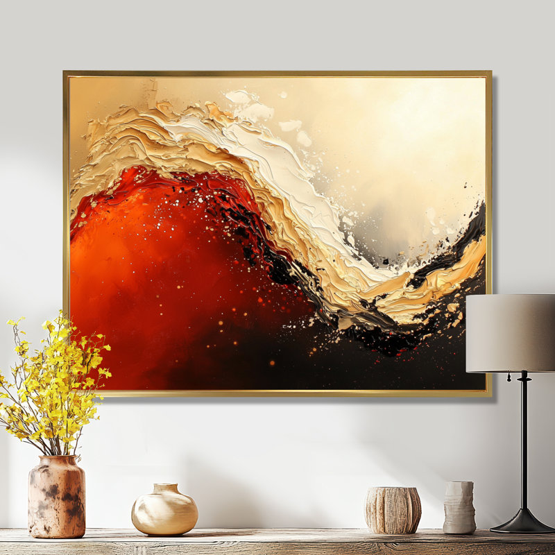 «Red and Golden Desert Wave I», impression d'art mural abstrait, H 12 po x l 20 po, Doré