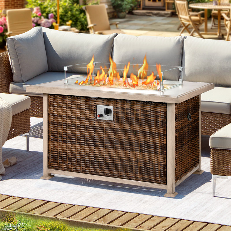 Table d'extérieur pour foyer d'extérieur au propane en rotin pour patio extérieur, H 24,8 po x l 44,1 po x P 26,7 po, Brun