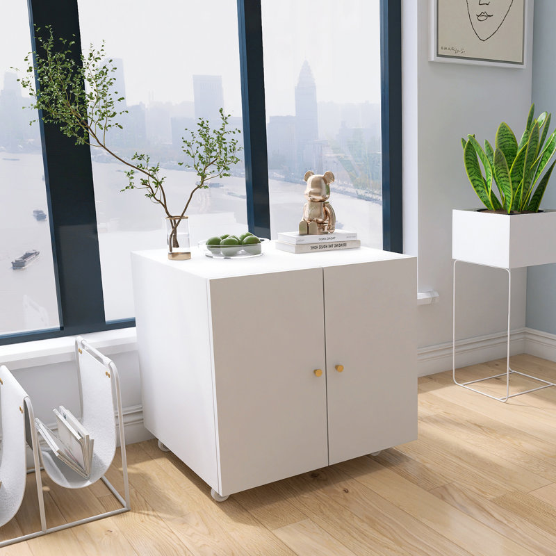 White Metal Mobile Printer Stand with Storage Cabinet