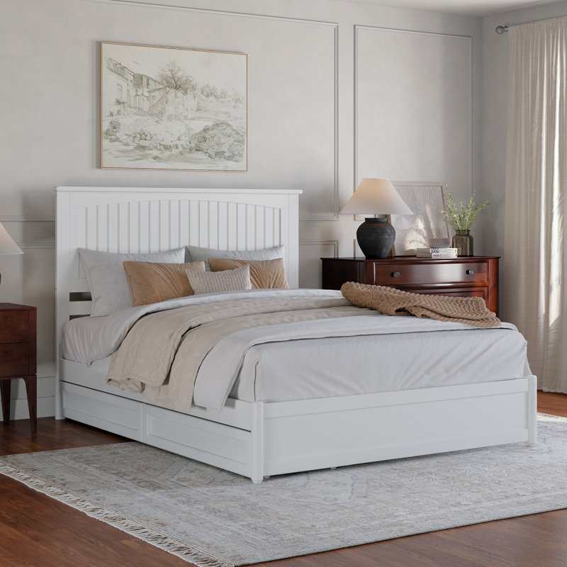 Lamaiyah Solid Wood Platform Bed with Footboard and Storage Drawers, White, Queen