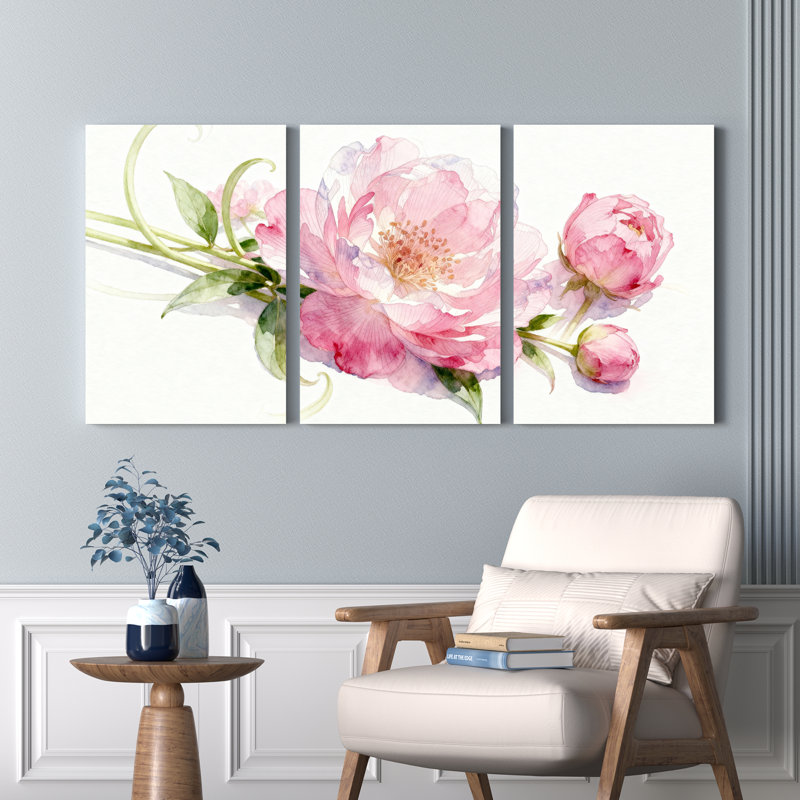 Pivoine rose, aquarelle sur toile, ensemble de 3 panneaux, impression botanique élégante pour le salon ou la chambre à coucher