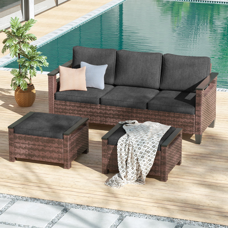 3-Seater Sofa & Ottomans PE  Rattan Patio Sofa Set With Thick Cushions and Sturdy Frame, Black