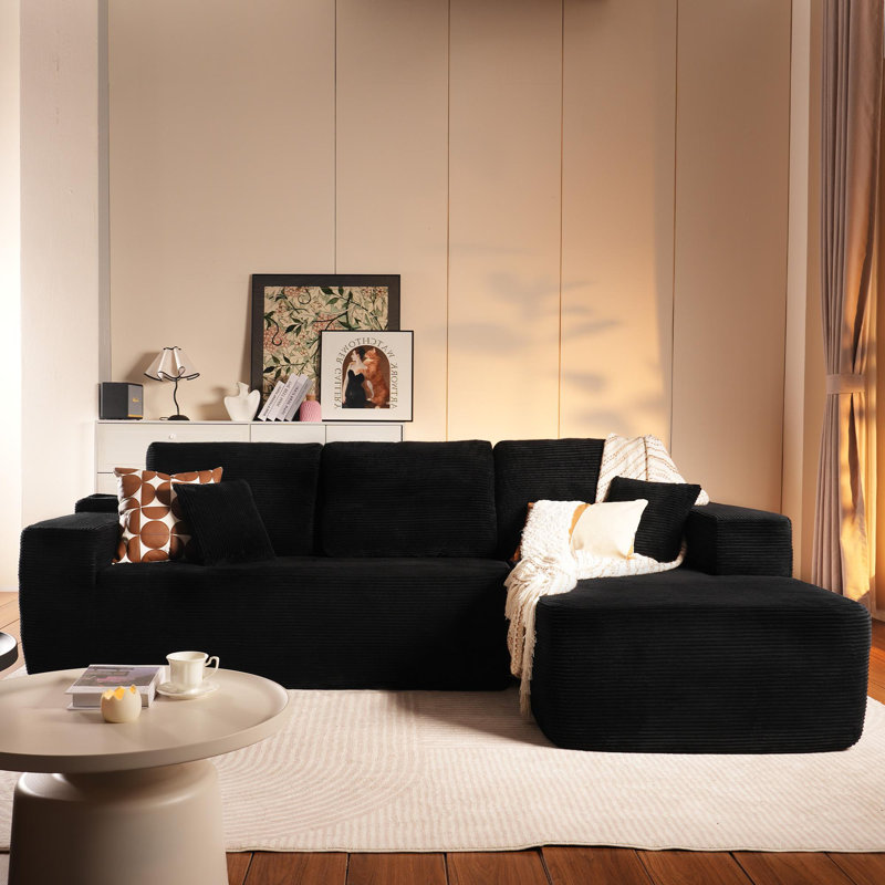 Canapé en velours côtelé sans assemblage requis, Polyester noir, Orienté à droite