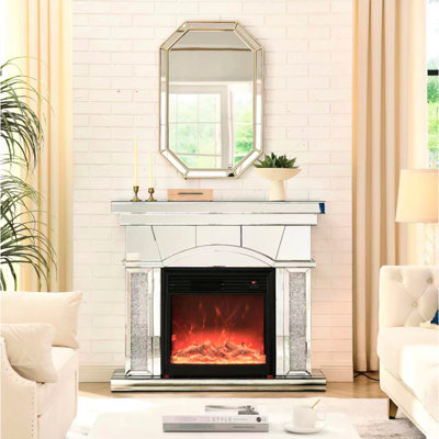 Electric Fireplace With Door, 3D Realistic Flames, Remote Control, Energy Saving, Protected, Black Portable Cabinet For Office Artificial Crystals Cabinet, 1500W Heating, Flame Effect,