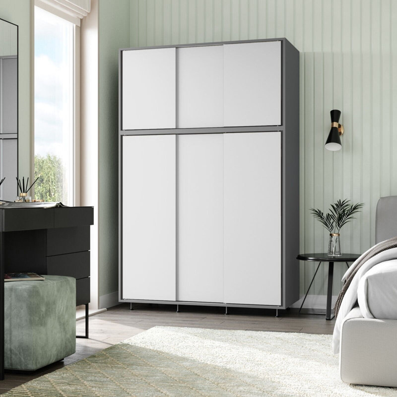 2 Sliding Doors Wardrobe 2 Drawer Bedroom Clothes Hanging Rail Grey Carcass with Black Doors Storage Cupboard, Gray/White