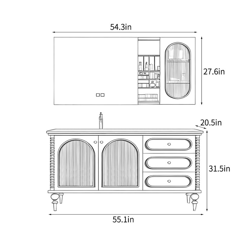 French-style retro floor-standing bathroom cabinet, 31.5" H x 55.1" W x 20.5" D