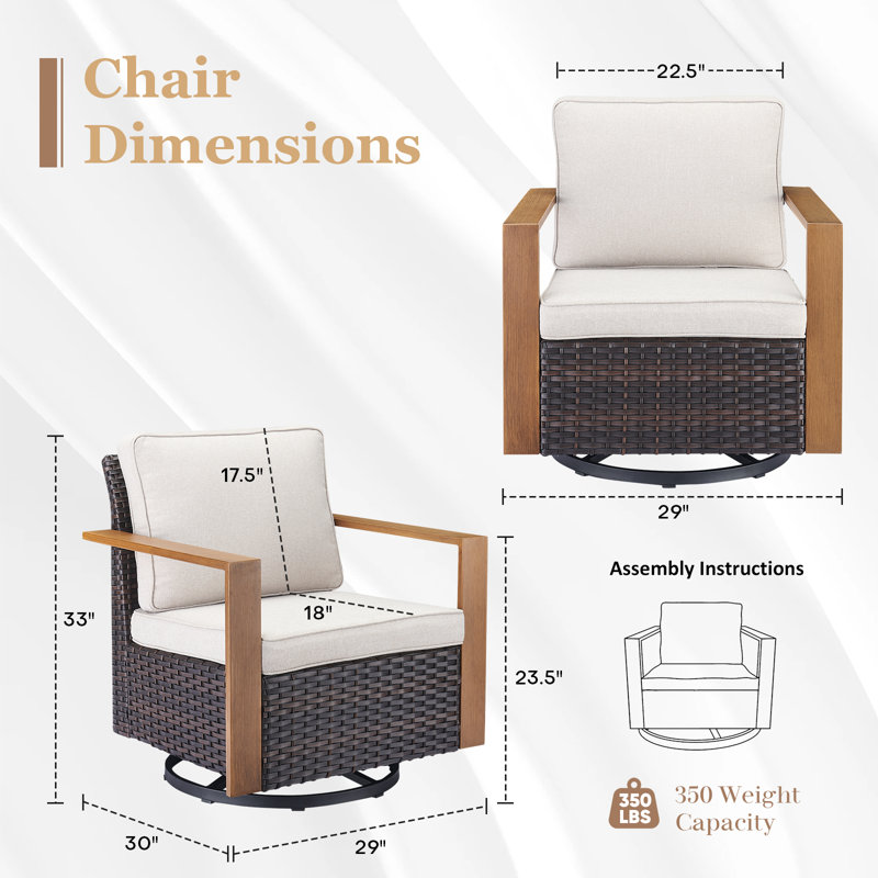 Fauteuils coulissants pivotants en osier avec coussins et accoudoirs uniques en bois Drazen, Beige, Brun