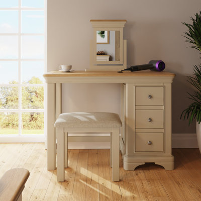 Joulon 3 Drawer Dressing Table Set With Padded Seat Stool & Tilt Vanity Mirror. Solid Wood. Oak Top. Fully Assembled.
