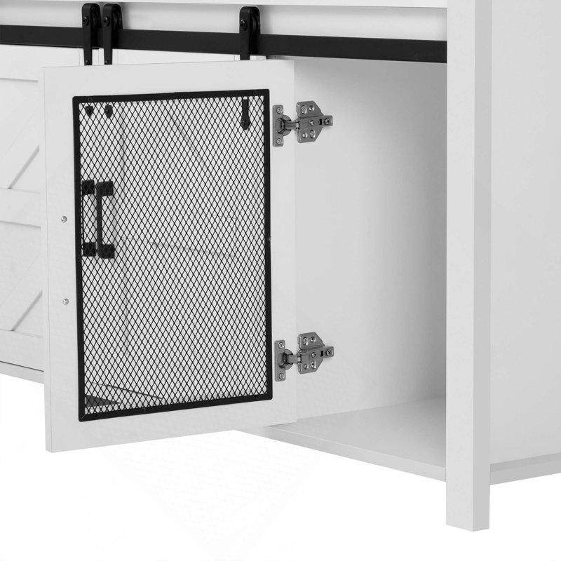 Farmhouse Sideboard with Sliding Barn Doors, Mesh Panels and Open Storage for Living Room, White/Brown