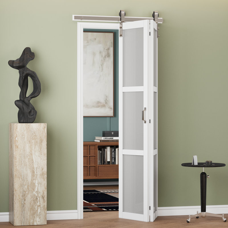 (Nickel plaqué) Porte de grange pliante en verre givré blanc 3 Lite avec trousse de quincaillerie et poignée (garde-manger, garde-robe)