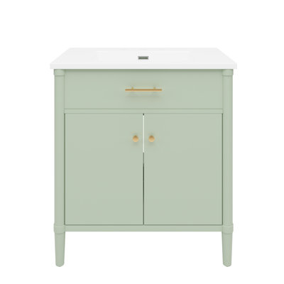 Meuble-lavabo de 31 po avec lavabo, profil incurvé pour un look poli et invitant, charnières à fermeture douce et fermeture silencieuse, structure en bois d'hévéa