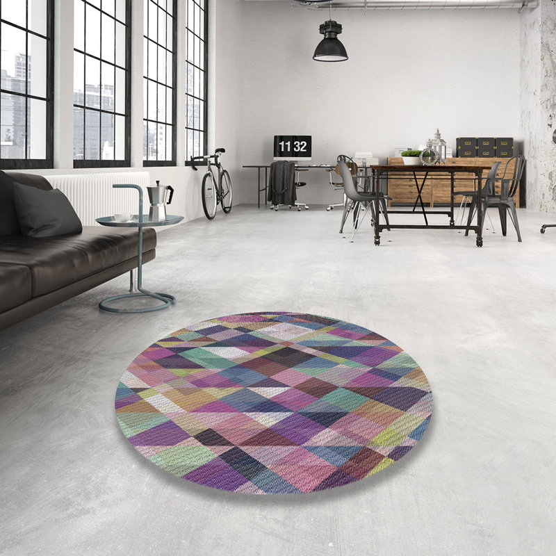 Tapis rose/vert à motifs/vert/bleu marine, Rond 8 pi