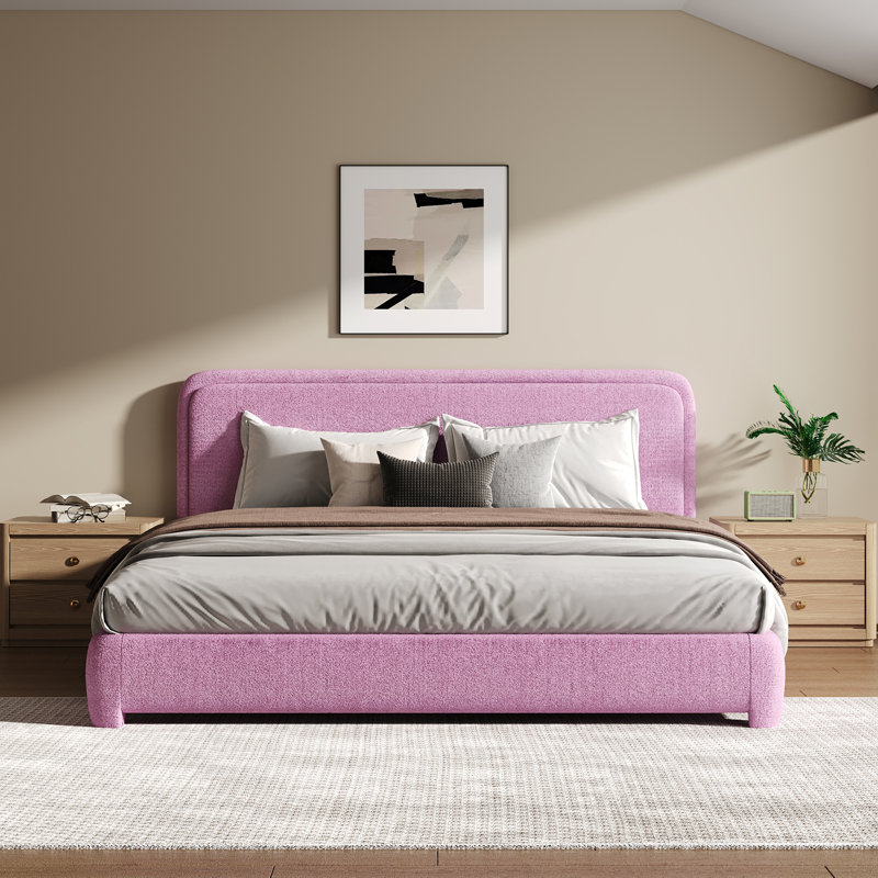 Lit plateforme tapissier Bensu Boucle, Très grand lit, Rose