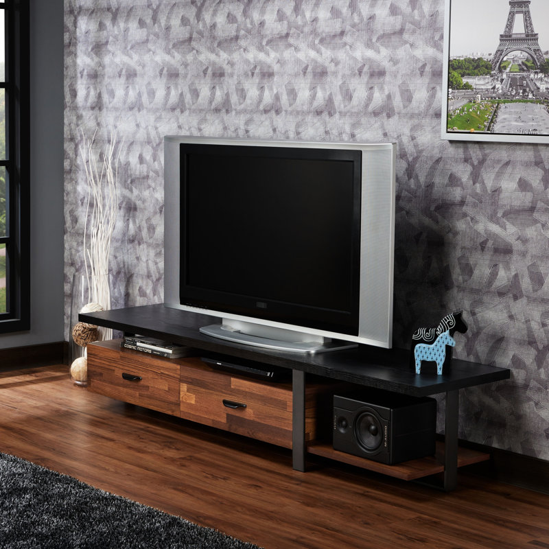 Meuble télé moderne en noyer et noir, convenant aux téléviseurs à écran plat de 50 à 59 pouces avec rangement caché