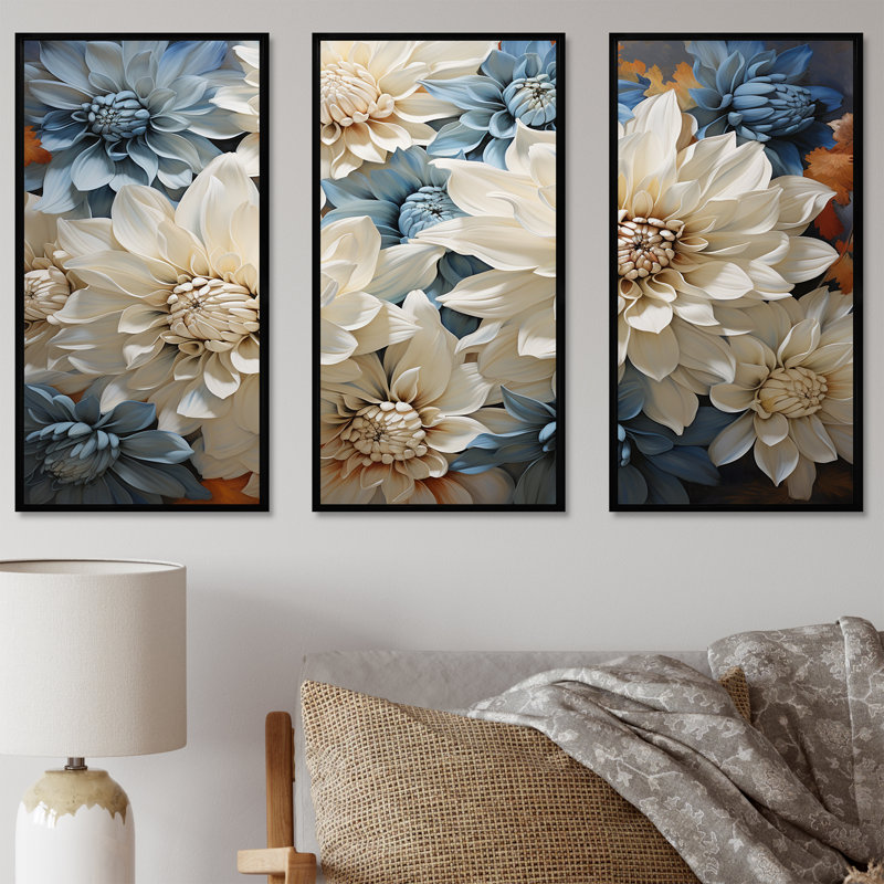 Ensemble de salon mural blanc et bleu Chrysanthemums, Cadre flottant noir, H 32 po x l 48 po x P 1 po
