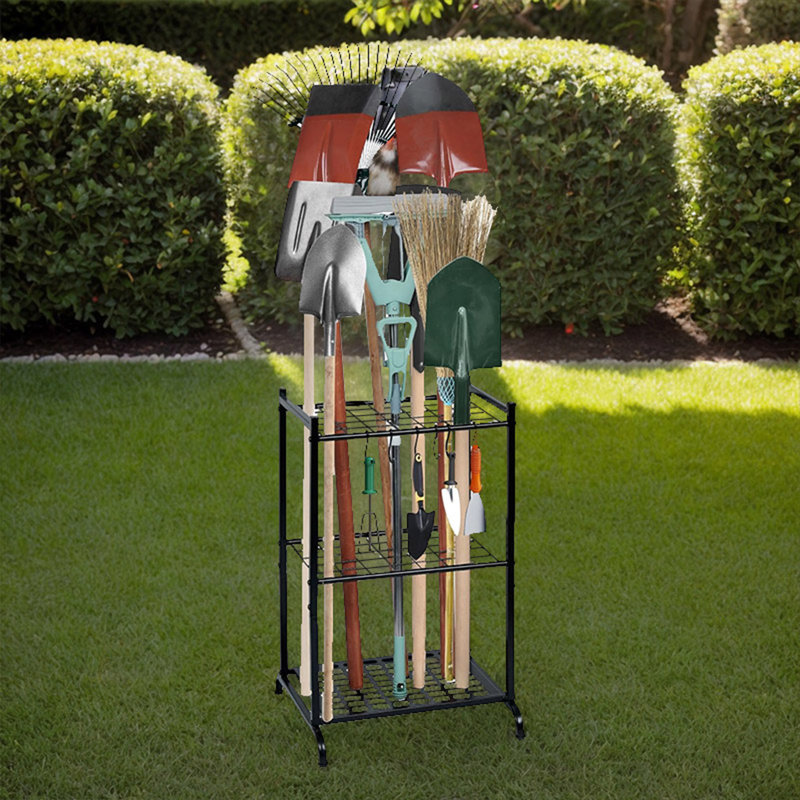 Heavy-Duty Garage Tool Storage Rack. Freestanding Storage Rack with Tool Holder. Ideal for Workshops and Backyards. Yard tool organizer, Shovels, Rakes, and Hoes. Black Coated Finish, outdoor tool storage.Yard maintenance must haves.