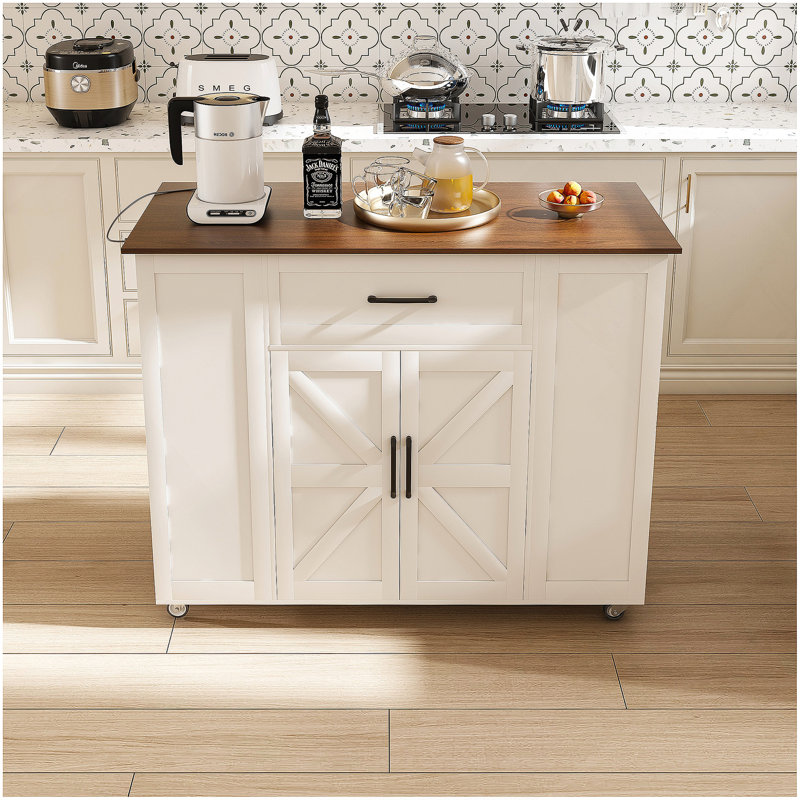 46-Inch Movable Kitchen Island With Storage, Power Outlet, And Adjustable Shelf - Versatile Rustic Breakfast Bar For Home