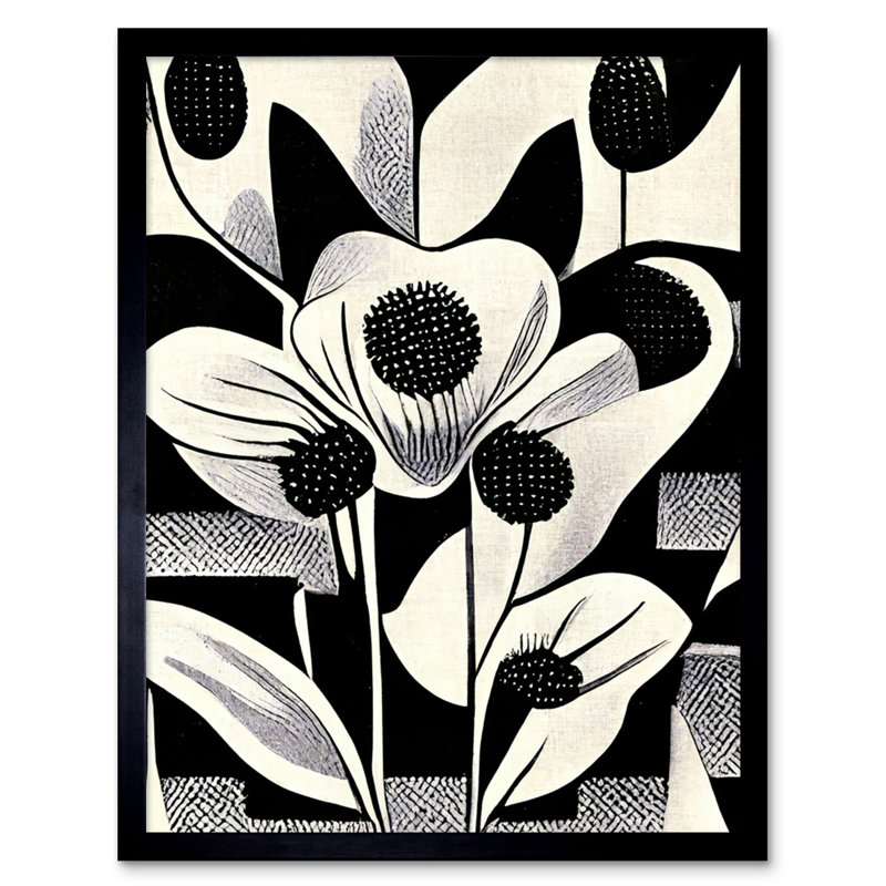 Black White Abstract Retro Flower - Single Picture Frame Print