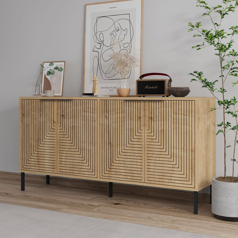 Console moderne avec plusieurs tablettes, chêne saphir, 59,1 po x 29,5 po x 14,2 po | 100% panneau de particules enduit de mélamine, épaisseur: 0,7 pouce | Pieds en métal robustes, fixation murale, design scandinave pour une décoration intérieure élégante