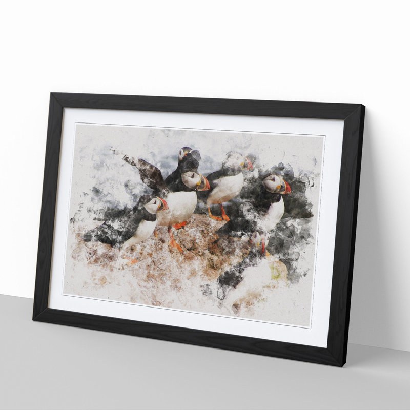 Atlantic Puffin Birds Vol.3 Watercolour - Picture Frame Graphic Art on MDF, 48cm H x 65cm W x 2cm D, Black