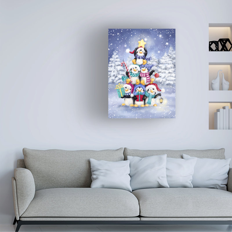 Art sur toile, arbre de Noël bolognaise, pingouins, H 35 po x l 47 po