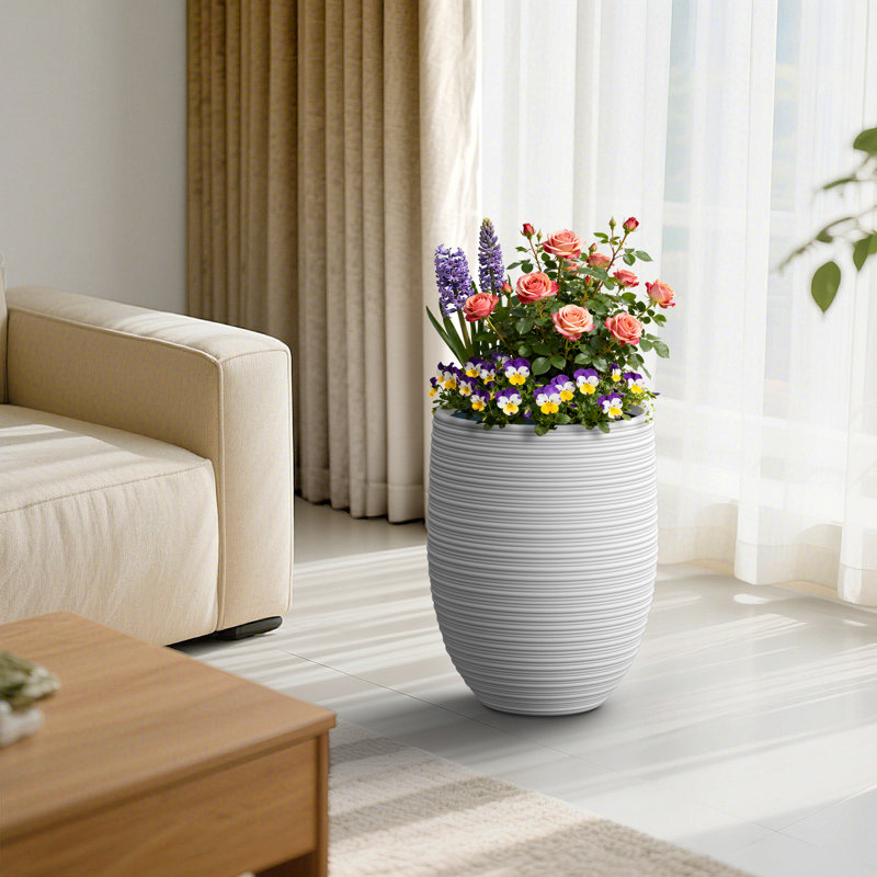 Grand pot à fleurs rond 17 po en béton blanc (intérieur amélioré) avec trous de drainage, Muted Teal (Upgraded Interior)