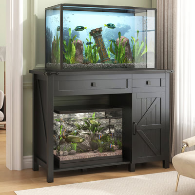 40 Gallon Fish Tank Stand with Power Outlets, Farmhouse Decorative Aquarium Stand Furniture with Adjustable Shelves and Storage Drawer, 30-40 Gallon Reptile Turtle Tank Stand(Black, 30-40GL)