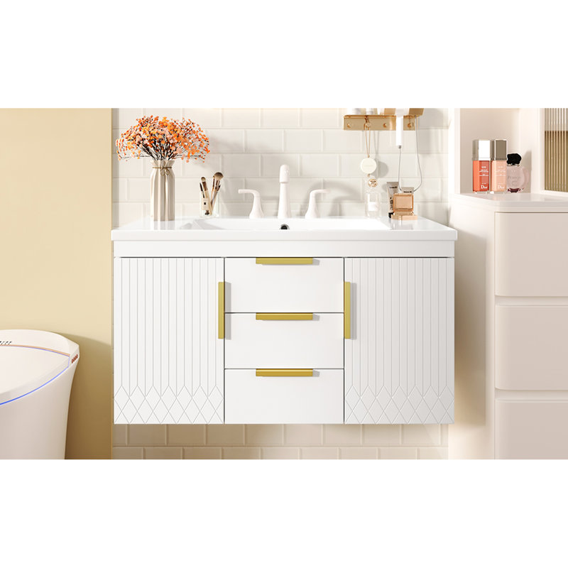 Meuble-lavabo 36 po, rangement mural flottant avec lavabo en résine, 2 tiroirs + 2 armoires, 2 planches, Blanc