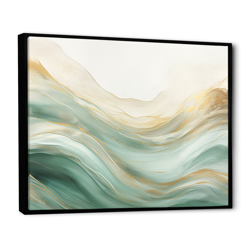 Or et vert, douce vague fusion I - formes abstraites grand art mural, H 30 po x l 40 po, Reproduction avec cadre flottant