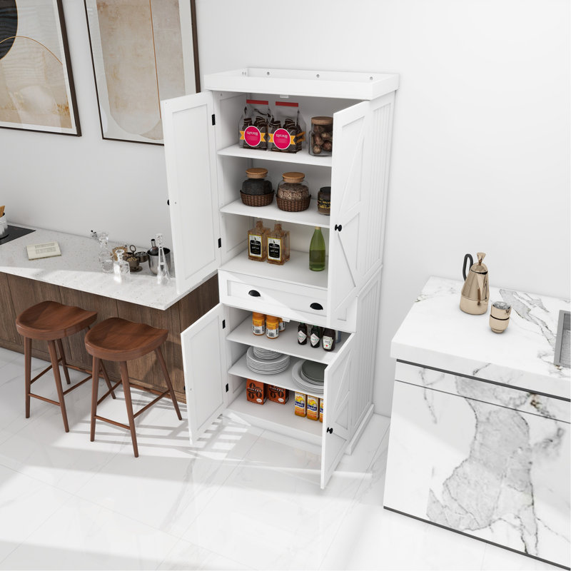 Armoire de cuisine 71 "de couleur blanche. 4 portes, tiroir, 2 tablettes réglables. Idéal pour la salle à manger, l'armoire de rangement pour la lessive, blanc. Pour la salle à manger, la buanderie. Décoration élégante, abondante