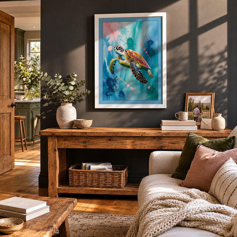 Turtle In Open Water Coastal - Print, A3 - 42.0 x 29.7 cm, White