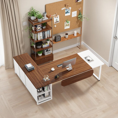 Bureau d'ordinateur en L 70,8 po avec bureau en L - noyer et blanc