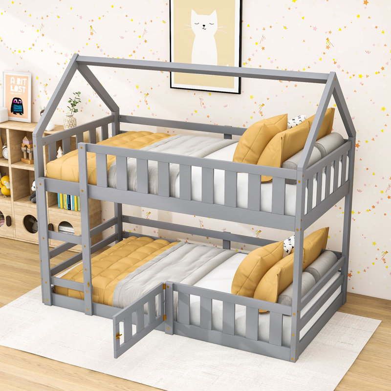 Twin Over Twin Wooden House-Shaped Bunk Bed With Ladder, Gray