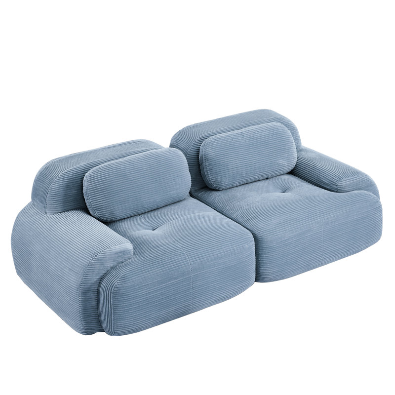 Canapé 2 places de luxe en velours côtelé bleu 82 po avec structure lisse et incurvée antidérapante, rembourrage haute élasticité, modulable pour une installation dans les espaces audiovisuels et les chambres à coucher.