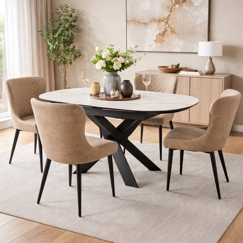 Arcibaldo Extendable Oval Metal Base Dining Table, Brown/White/Black