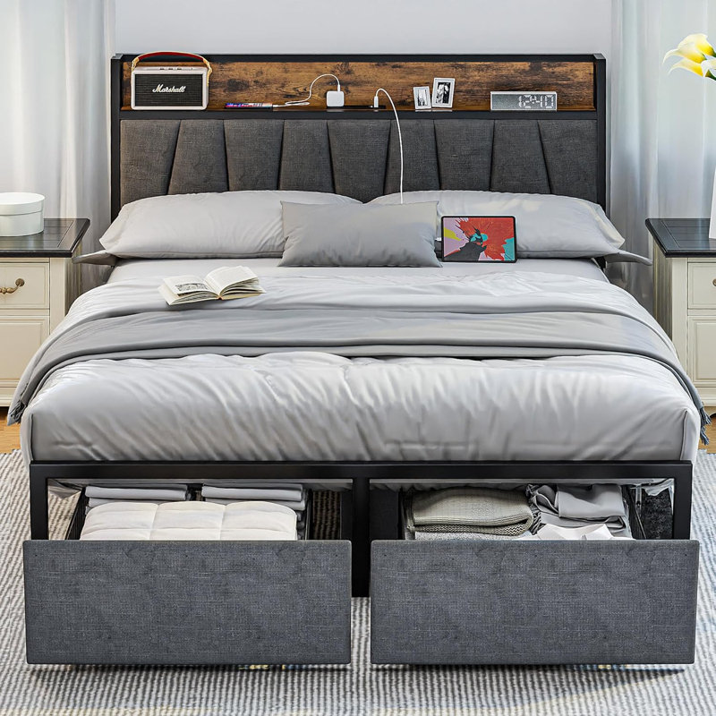 Queen Bed Frame with Storage Headboard, 2 Drawers and USB Charging Station