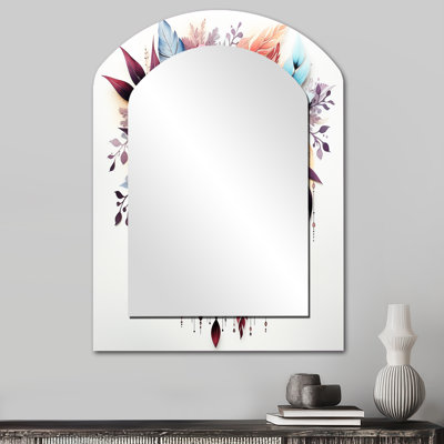 Red Boho Flowers And Blue Feathers II - Dreamcatcher Arch Unique Wall Mirror, Traditional Asymmetrical Mirror, Printed Metal Art