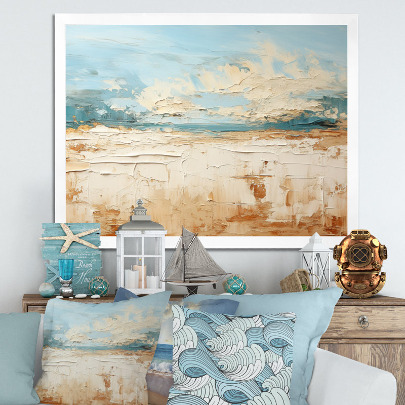 Coastal Beach Sand Whispers I - Décoration murale plage côtière, Cadre simple blanc, H 30 po x l 40 po x P 1,5 po